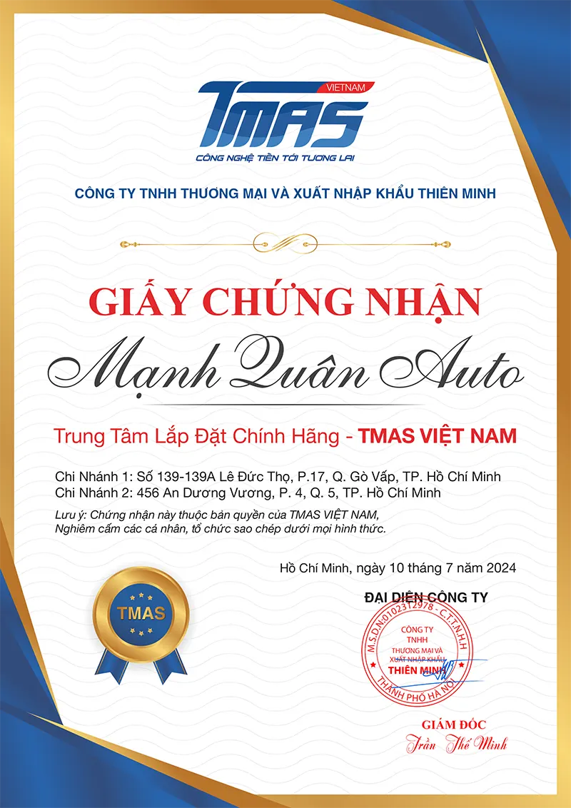 Chứng nhận đại lý TMAS Thiên Minh - Mạnh Quân Auto