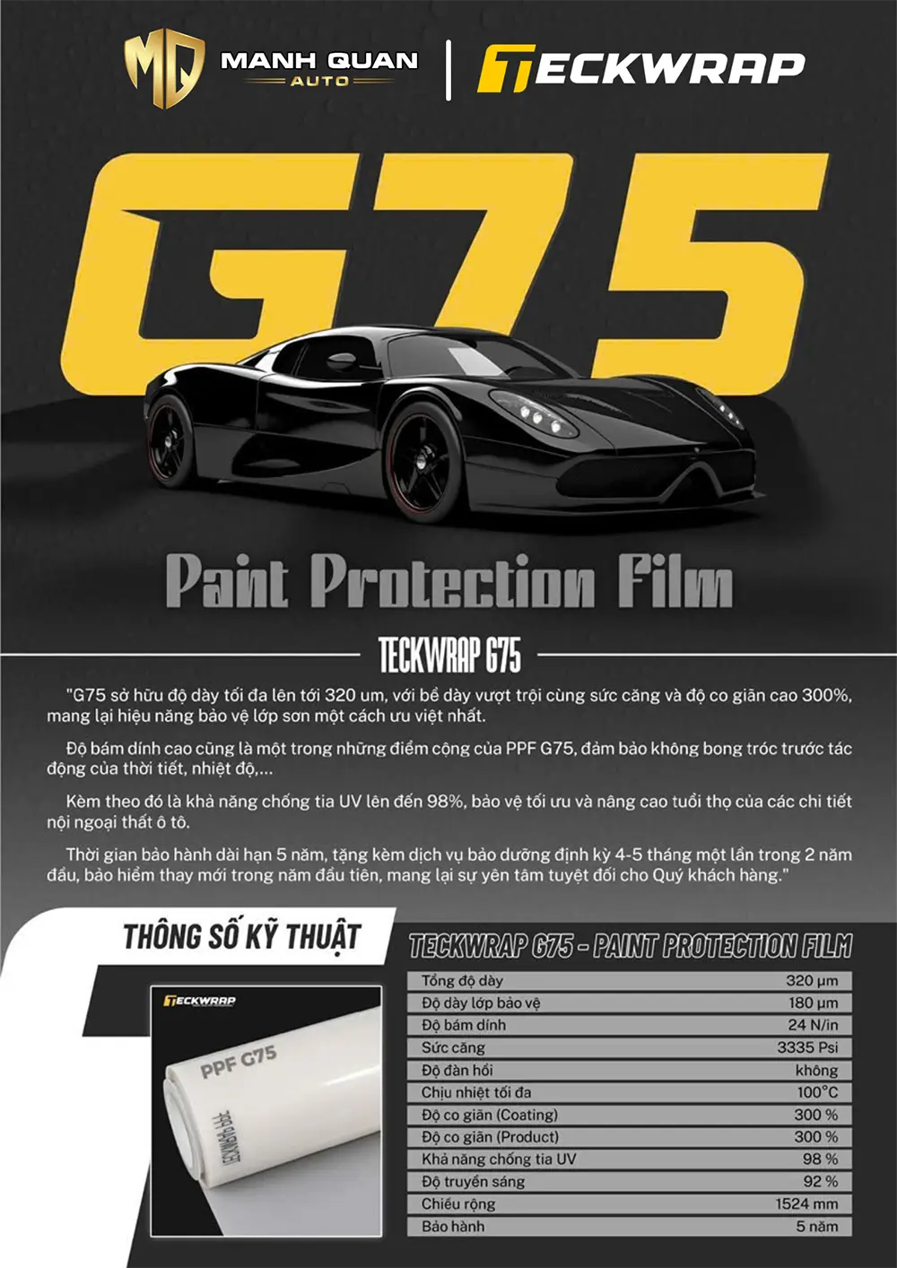 Bảng thông số kỹ thuật PPF Teckwrap G75