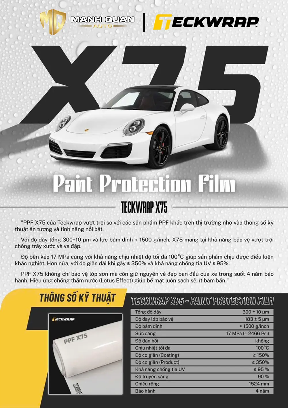 Bảng thông số kỹ thuật PPF Teckwrap X75