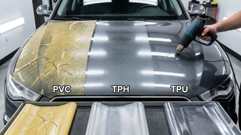 Tất Tần Tật Về Dán PPF Ô Tô: 10 Điều Chủ Xe Phải Biết Miếng phim PVC bị xé rách/vàng đục cạnh miếng phim TPU dẻo dai/trong suốt.
