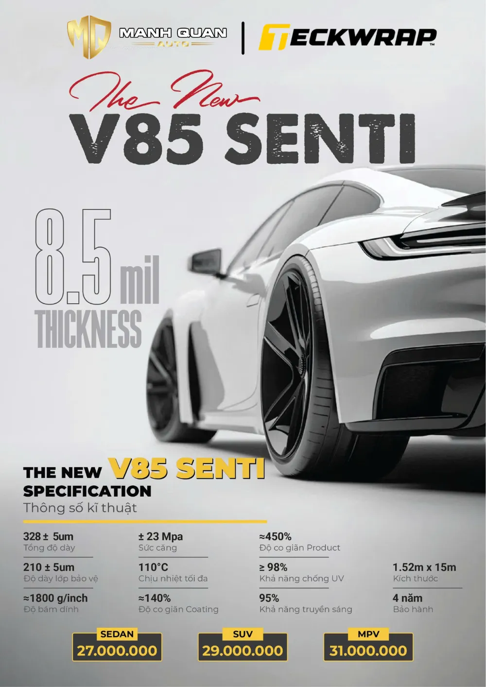 PPF Teckwrap V85 Senti Thông số kỹ thuật PPF Teckwrap V85 Senti