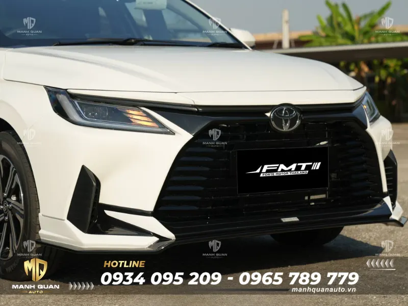 Bodykit Toyota Vios 2023 mẫu Foresta Ốp cản trước thiết kế theo form dáng đầm chắc, tạo cảm giác đầu xe thấp và rộng hơn