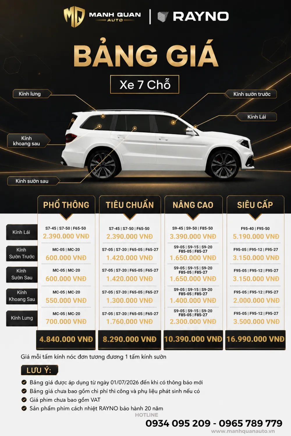 Phim Cách Nhiệt Rayno Bảng giá phim cách nhiệt Rayno 7 chỗ